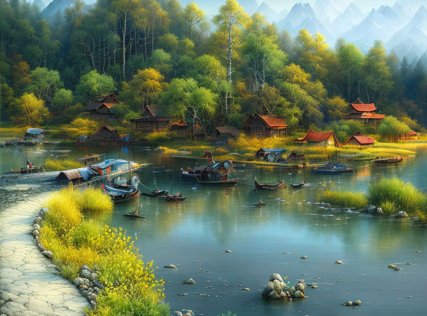 Tranquil riverside scene with wooden houses, boats, fall trees, and mountains
