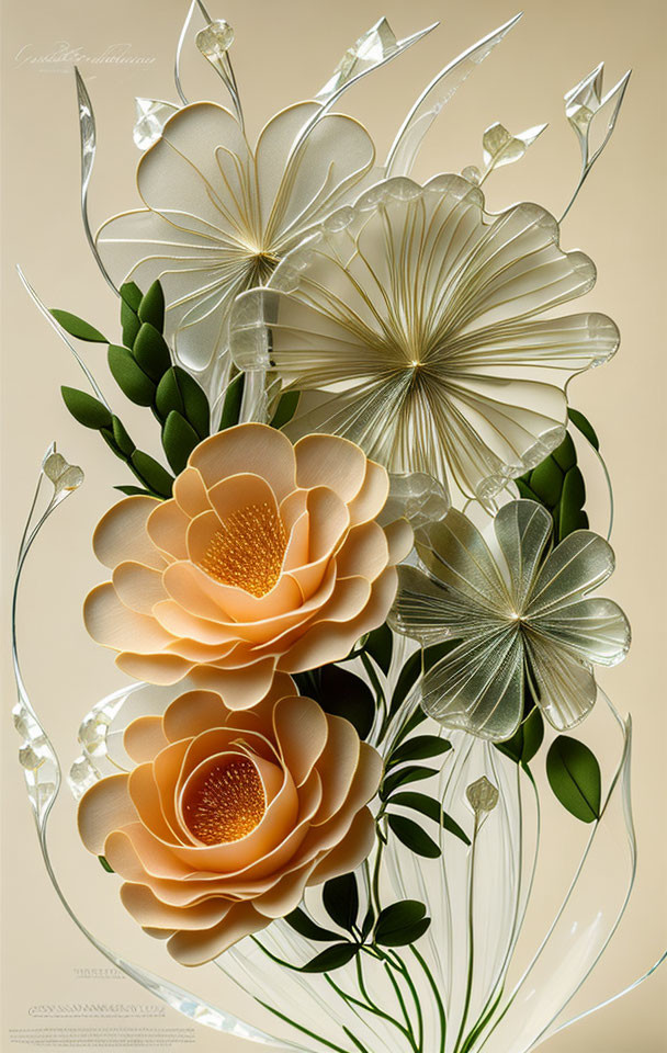 Three-dimensional paper floral art in peach and white with green foliage