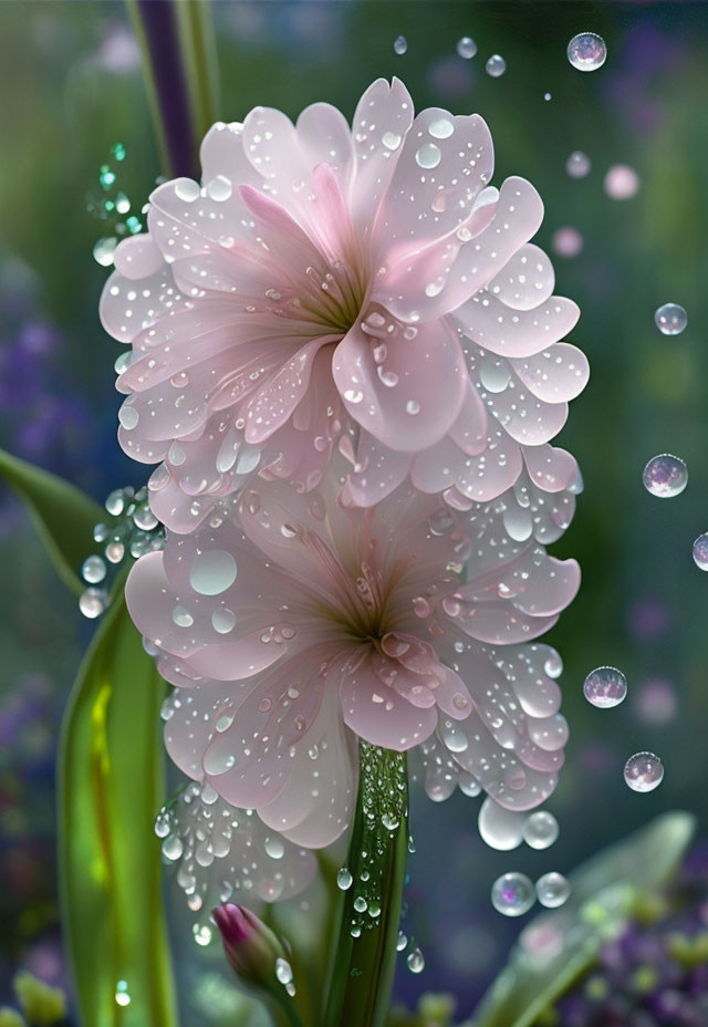 Soft pink flower with dewdrops and green foliage in close-up view