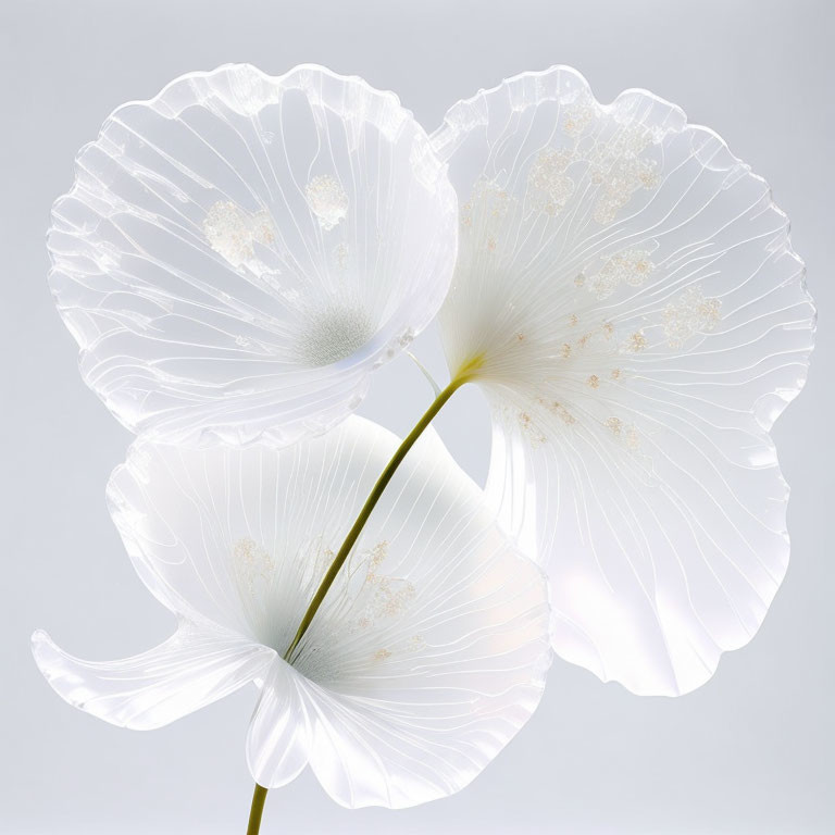 Translucent white poppy flowers with delicate textures on soft grey background