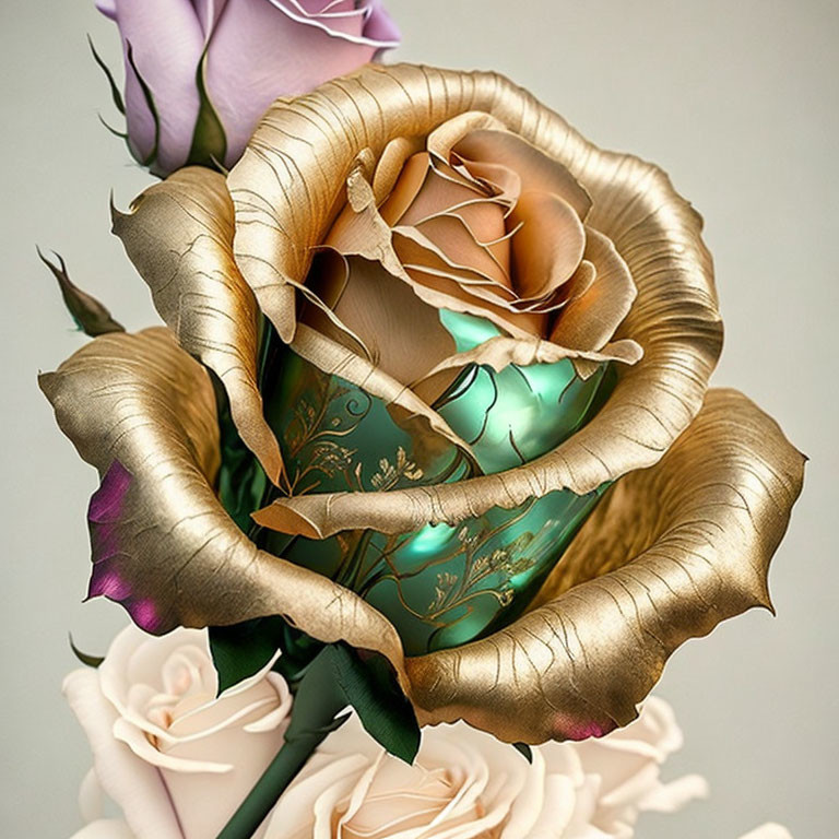 Close-up Bouquet: Metallic Gold Rose with Pastel Roses