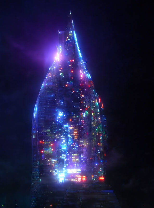 Vibrant lit skyscraper in futuristic sci-fi setting