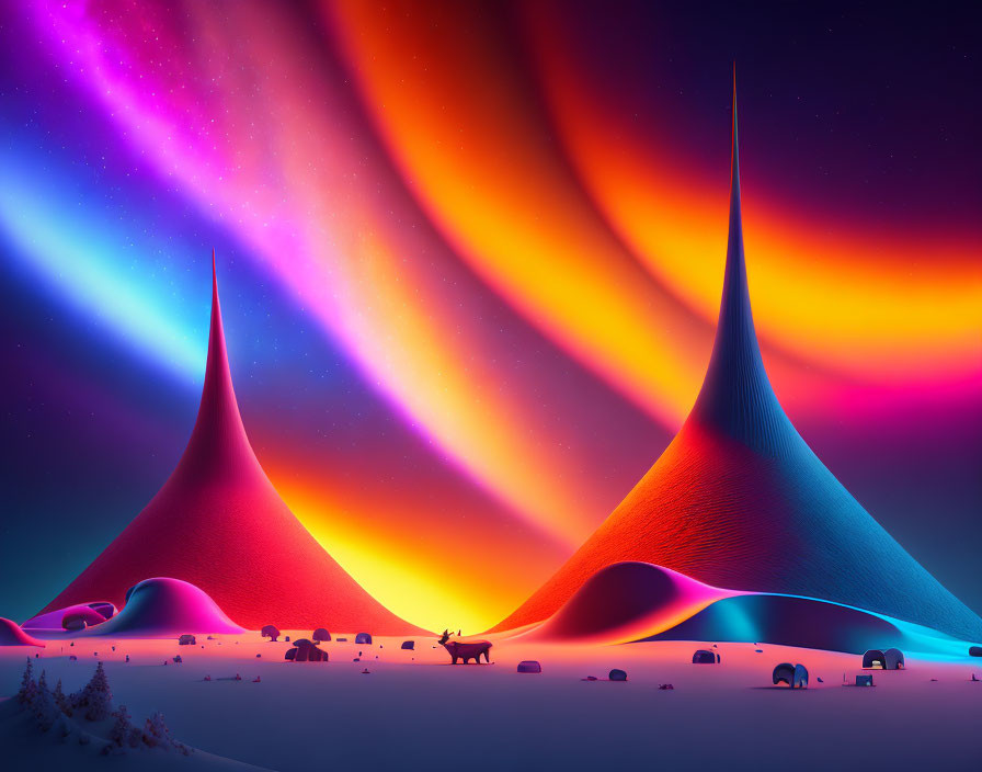 Vibrant surreal landscape with conical mountains and colorful sky