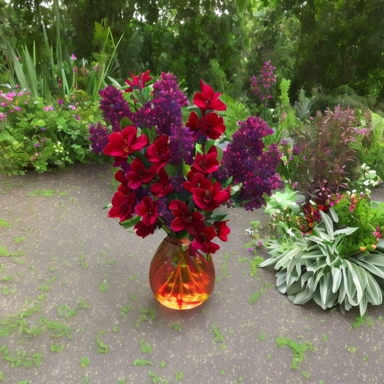 Colorful Flowers in Orange Vase with Garden Background