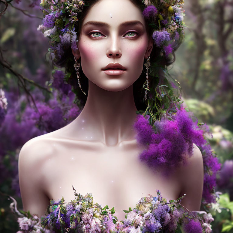 Digital artwork: Woman with floral adornments and purple eyeshadow in serene nature setting