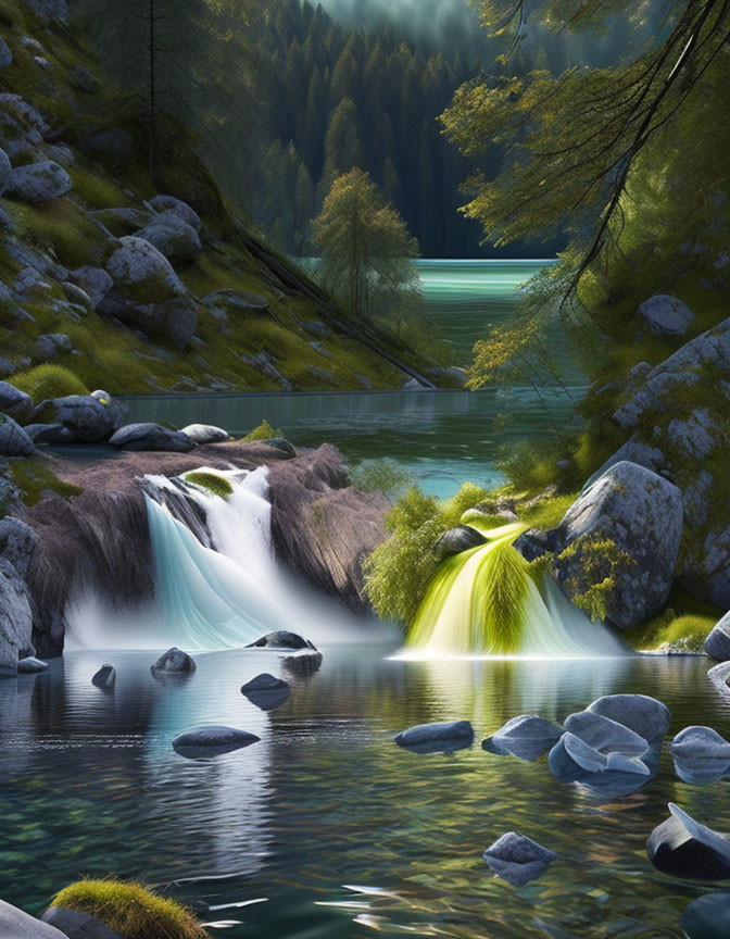 Tranquil forest waterfall with sunlight and rocks