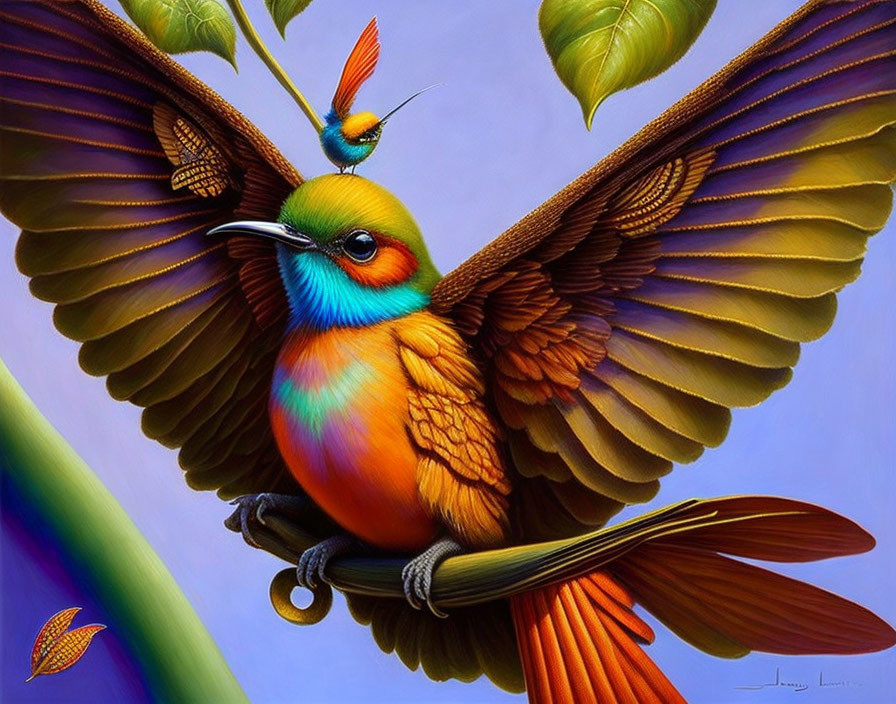 Colorful Bird Painting with Extended Wings and Small Perched Bird