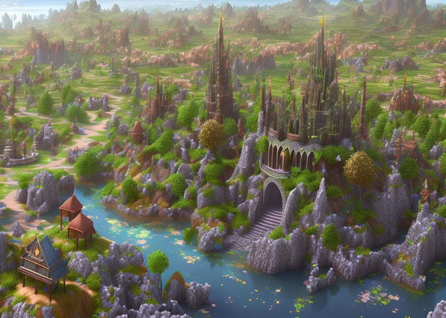 Tranquil fantasy landscape with river, greenery, houses, and spires