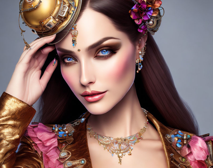 Woman with Striking Blue Eyes and Elaborate Gold Jewelry showcases Modern Makeup and Traditional Accessories