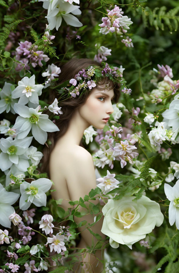 Woman with floral crown surrounded by lush flowers exudes serene presence