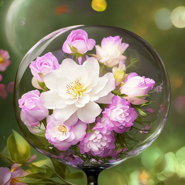 Pink and White Flowers in Transparent Bubble on Bokeh Green Background