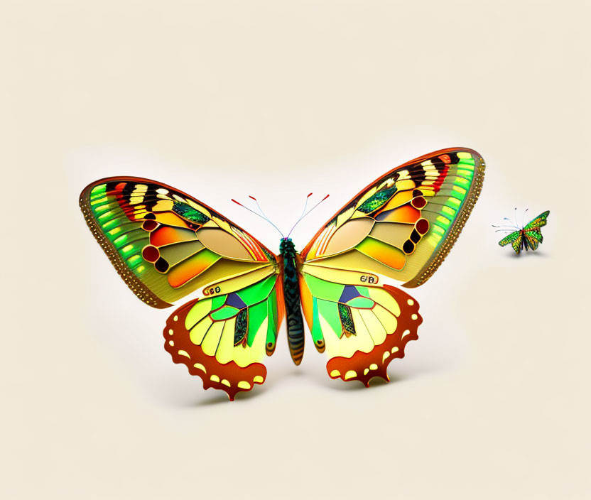 Colorful digital illustration: Two butterflies with intricate rainbow wings