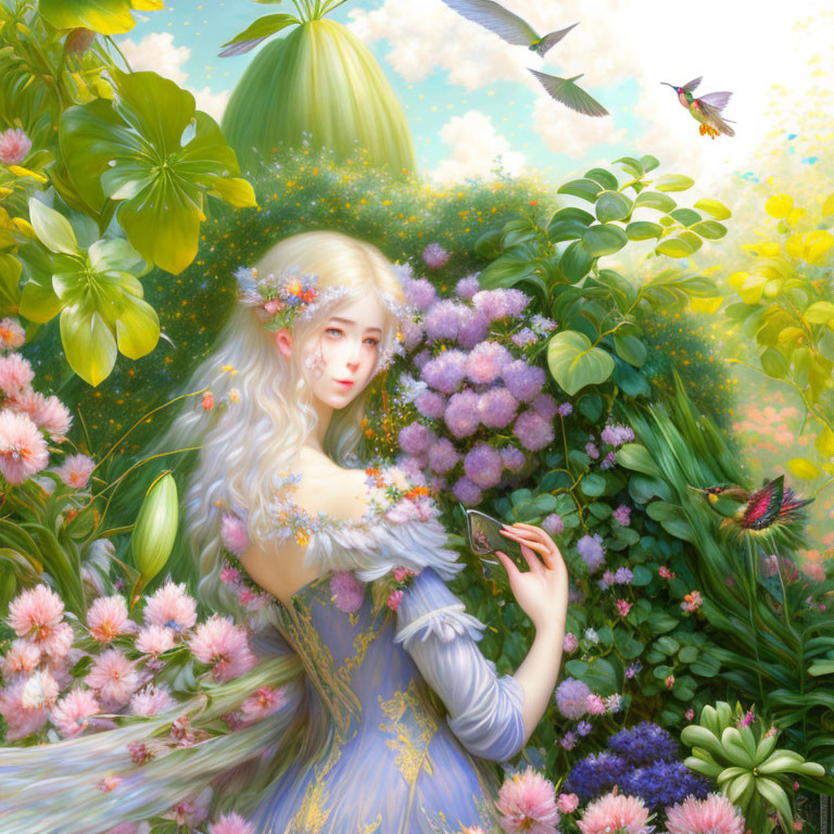 Elf-like woman with floral wreath in lush garden holding butterfly