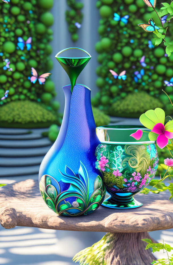 Blue vase and patterned bowl on wooden surface in garden with greenery and butterflies