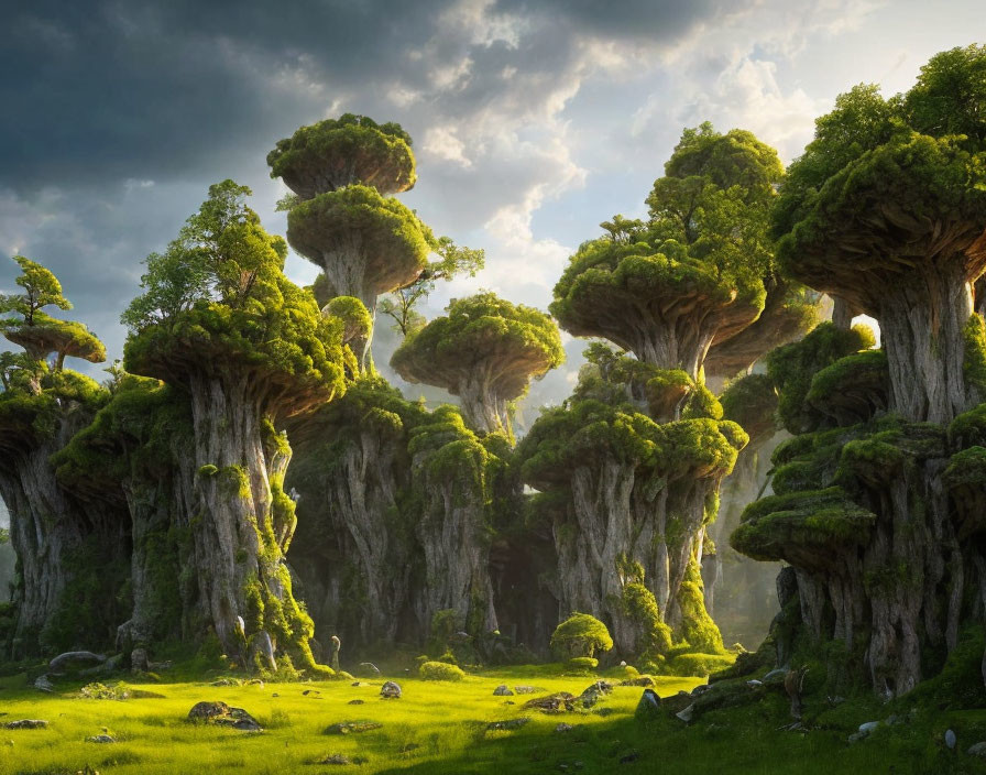 Towering trees in a mystical forest with broccoli-like canopies