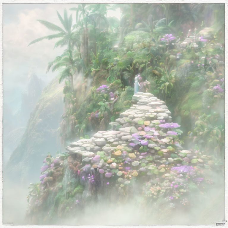 Misty landscape with figure on stone path overlooking mountains