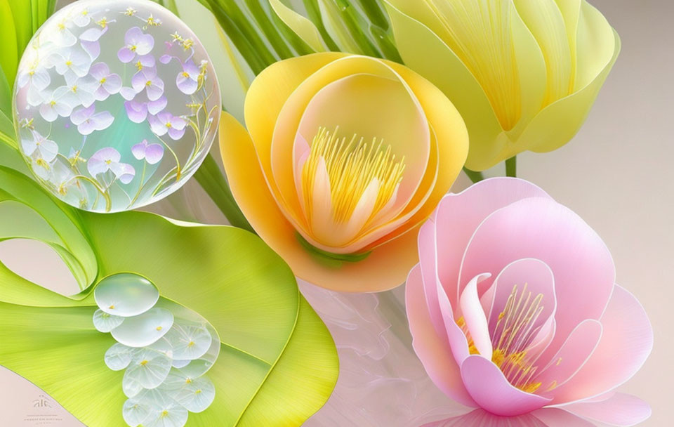 Colorful digital artwork: Yellow and pink flowers in bubbles