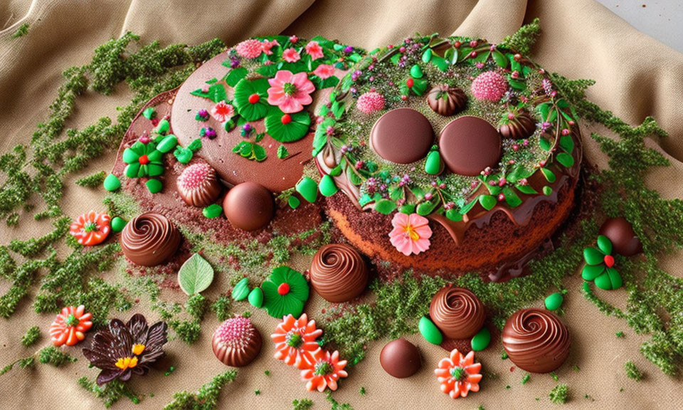 Floral-themed chocolate cake with candies on greenery fabric