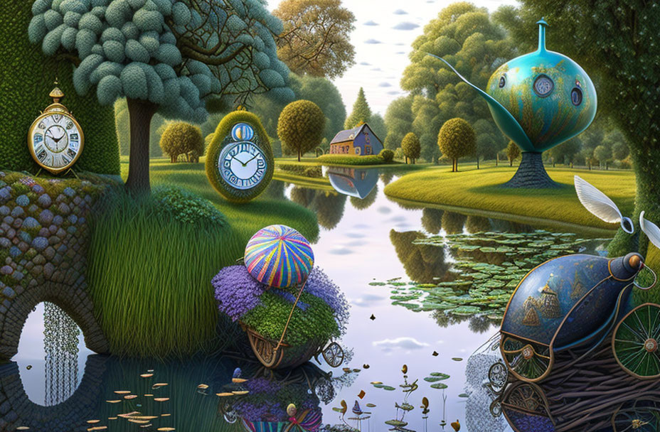 Surreal landscape with clocks, hot air balloon, pear-shaped house, and submarine by reflective lake