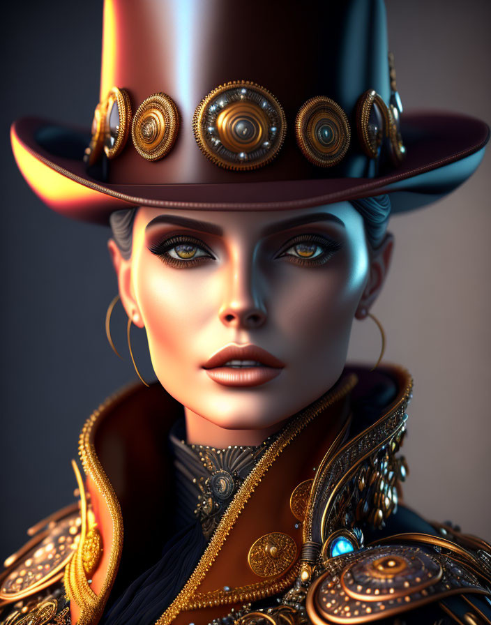 Digital portrait of a woman in steampunk-style attire with ornate hat.