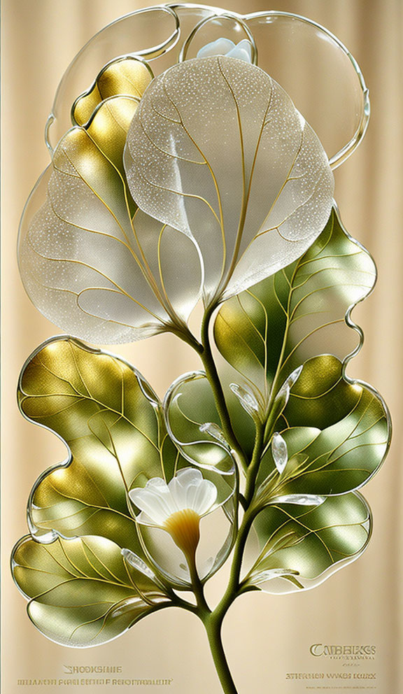 Botanical artwork: Translucent leaf-shaped bubbles with dewdrops, white flower, beige backdrop