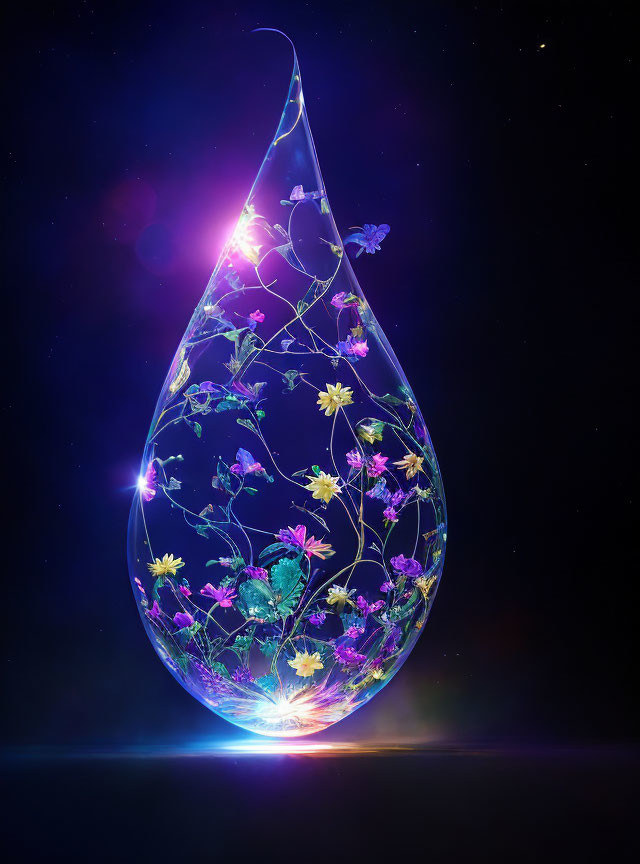 Luminous glass sculpture with flowers and butterflies on dark background