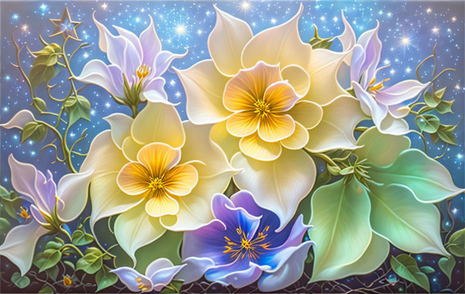 Colorful White and Yellow Flower Illustration with Celestial Background