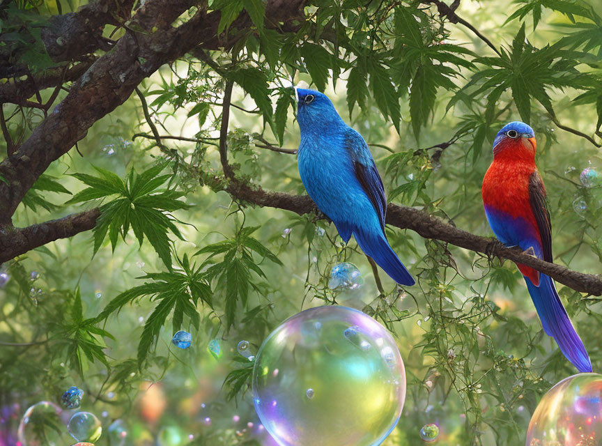 Colorful Birds on Branch with Green Leaves and Iridescent Bubbles
