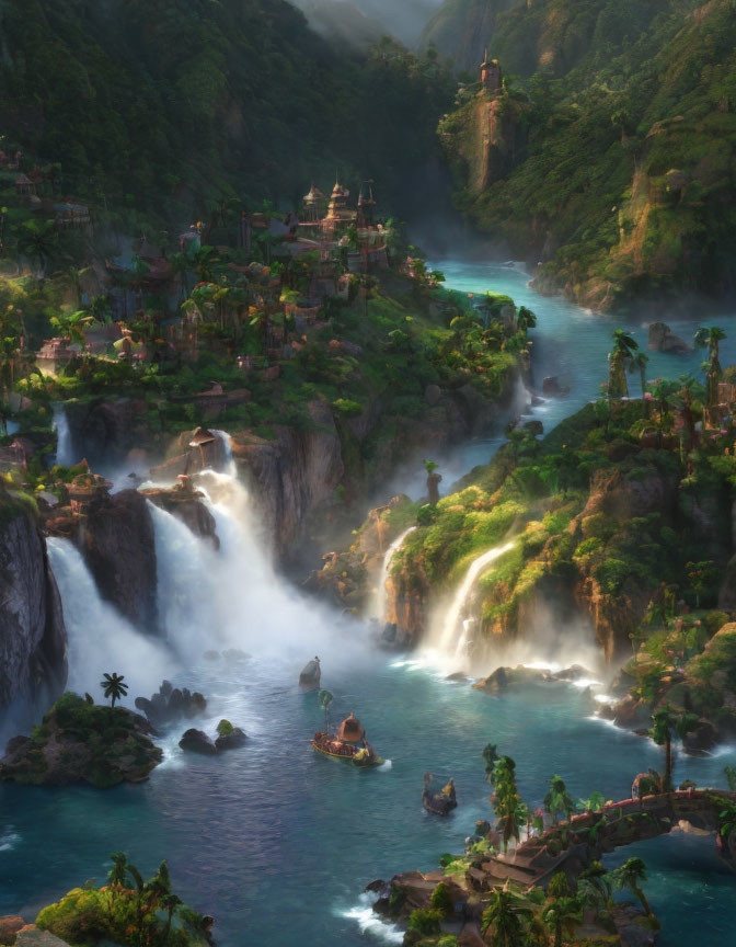 Mystical valley with lush greenery, waterfalls, traditional buildings, and river boats