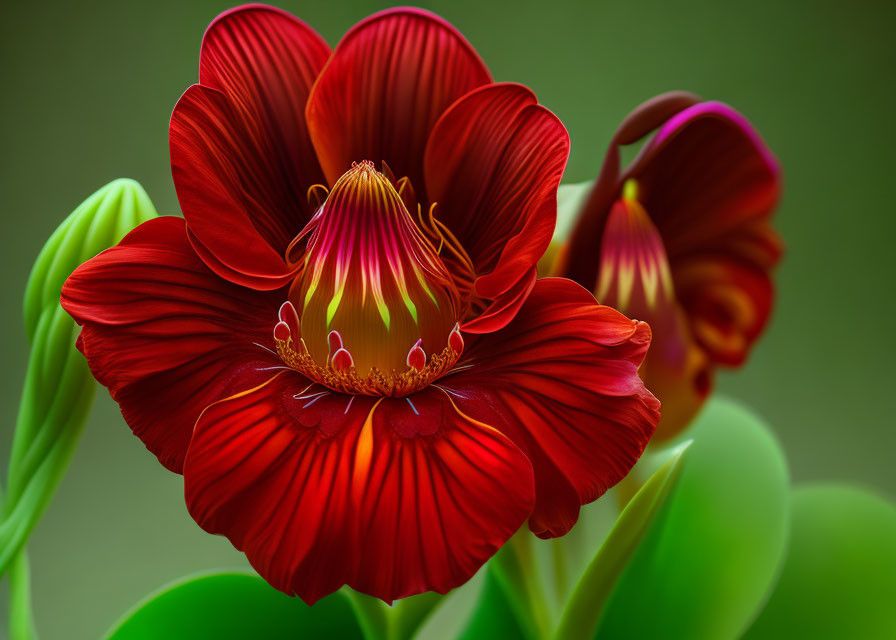 Vibrant red flower with yellow accents on soft green backdrop