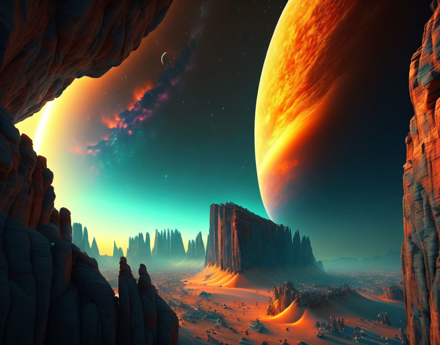 Desert landscape with rock formations, orange planet, starry sky from cave entrance