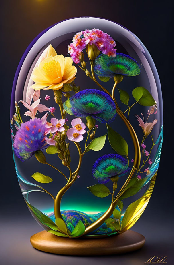 Colorful digital artwork of glass terrarium with stylized flowers & leaves