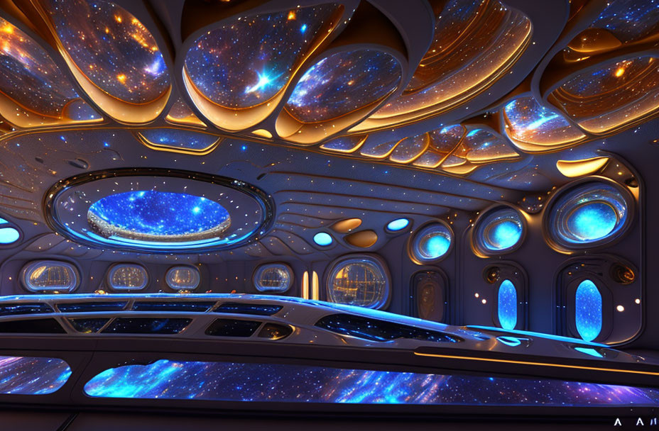 Cosmic-themed futuristic interior design with oval windows and illuminated ceiling