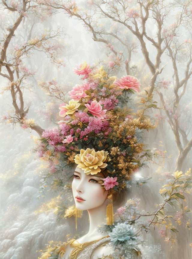 Ethereal woman with floral headdress in misty forest.