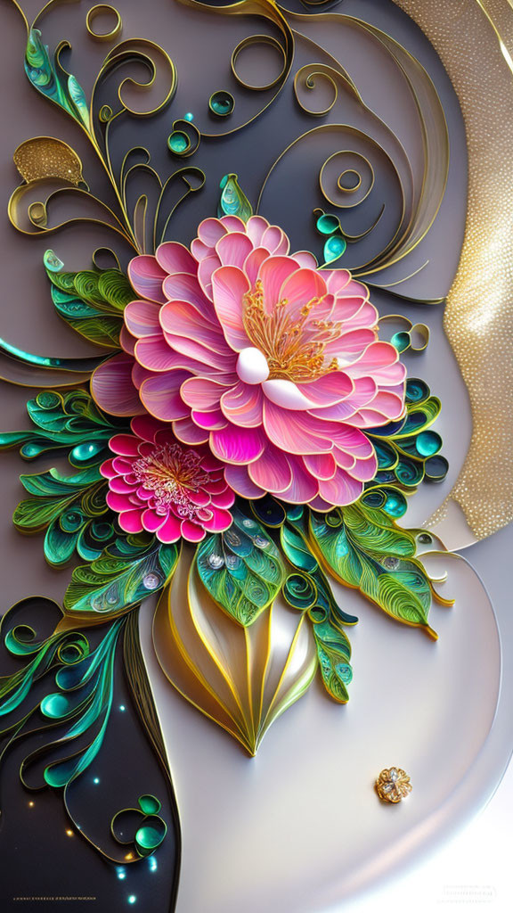 Colorful digital artwork featuring stylized floral patterns in purples, greens, and golds