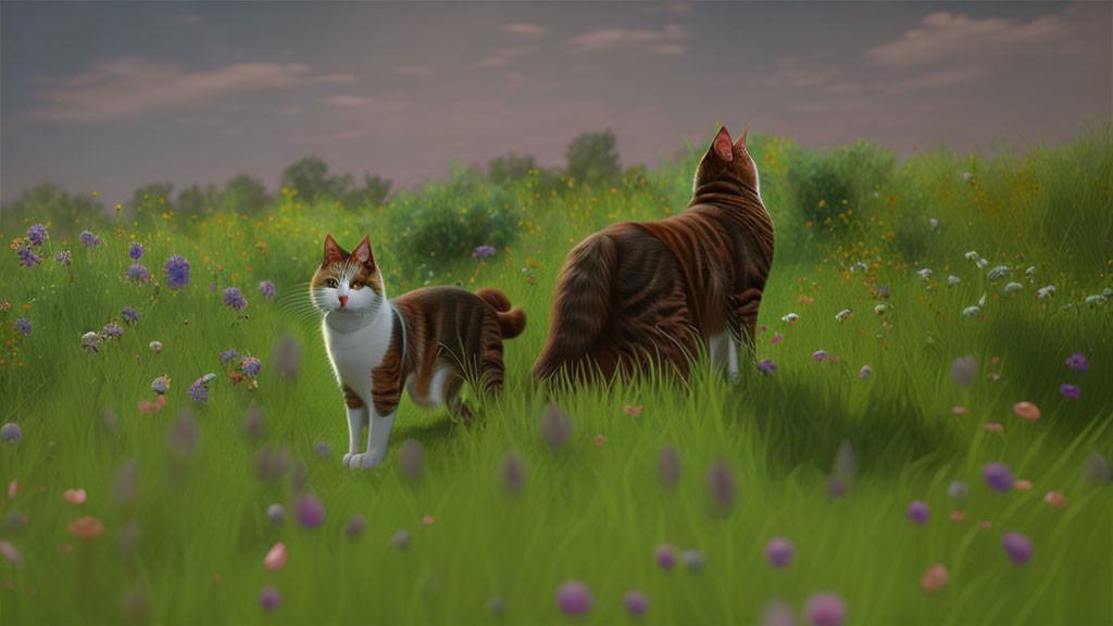 Two Cats in Twilight Meadow with Wildflowers