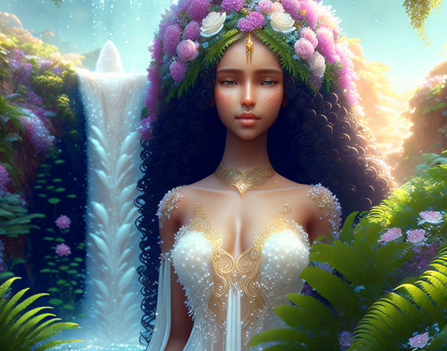 Digital artwork: Woman with dark curly hair and floral crown in mystical forest.