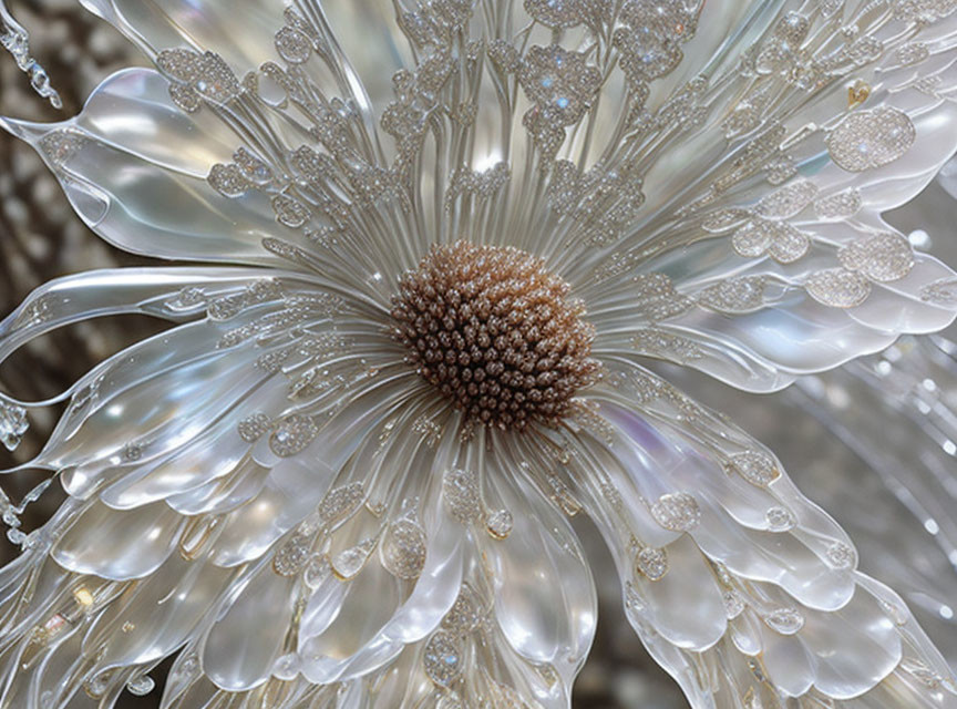 Dandelion seed head with water droplets on thin filaments