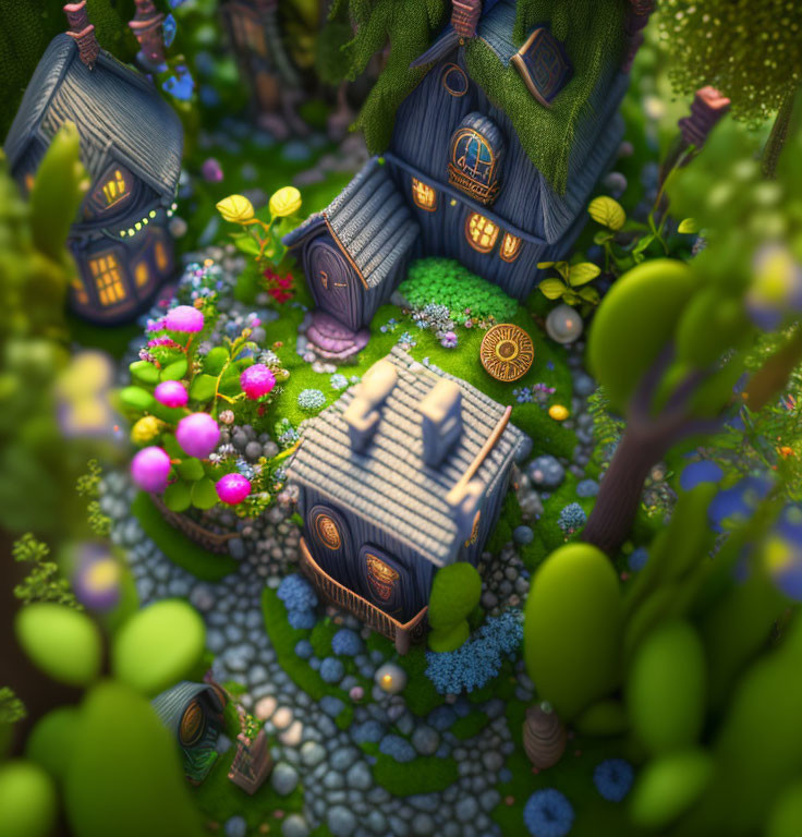 Colorful 3D village scene with miniature fantasy houses nestled in nature