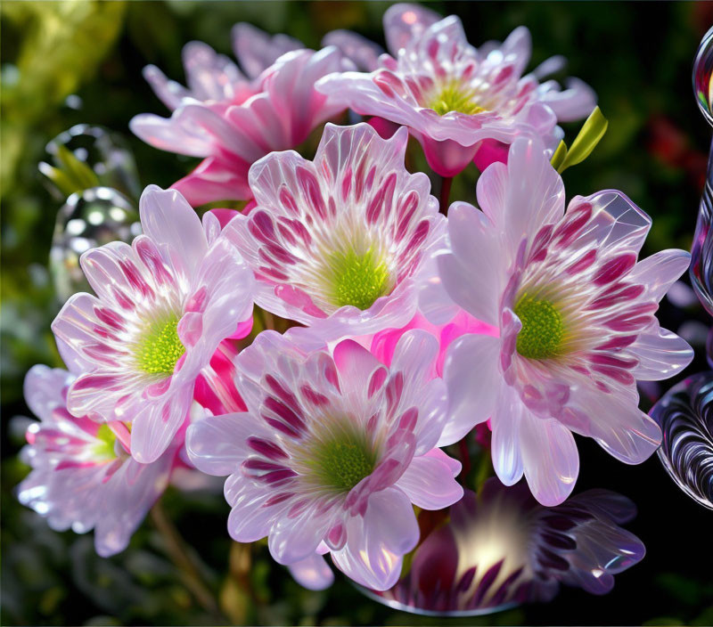 Cluster of stylized pink flowers with bubbles on dark background