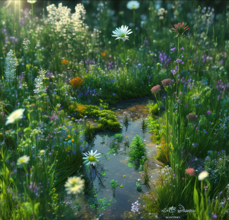 Tranquil sunlit stream in vibrant flower meadow