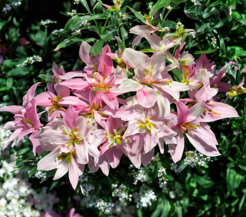 Pink Flowers with Yellow Centers Surrounded by Green Foliage