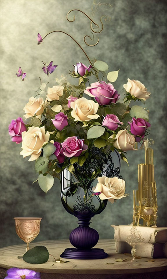 Pink and Cream Roses in Violet Vase with Butterflies on Wooden Surface