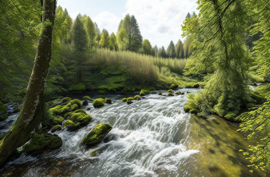 Tranquil forest river scene with sunlight filtering through trees