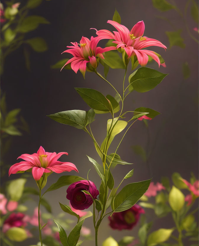 Pink Flowers with Yellow Stamens in Green Foliage on Dark Background