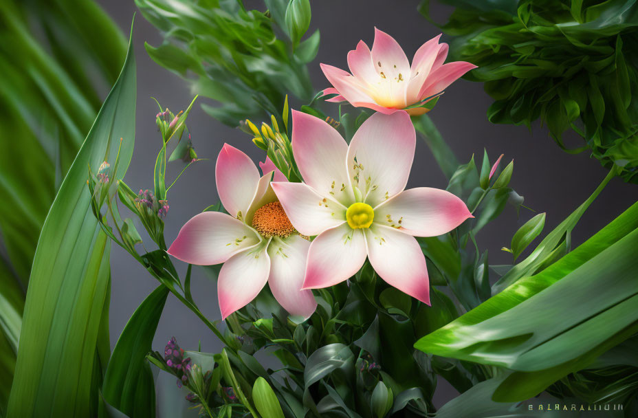Colorful lilies and green foliage in vibrant image