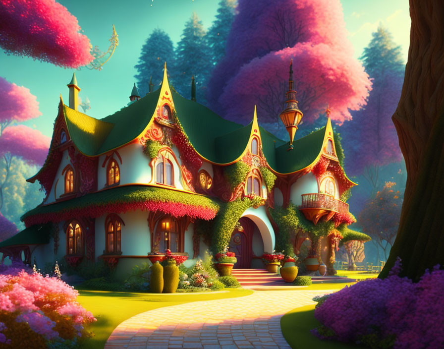 Enchanting fairytale cottage in vibrant forest with green roofs & pink-purple trees.