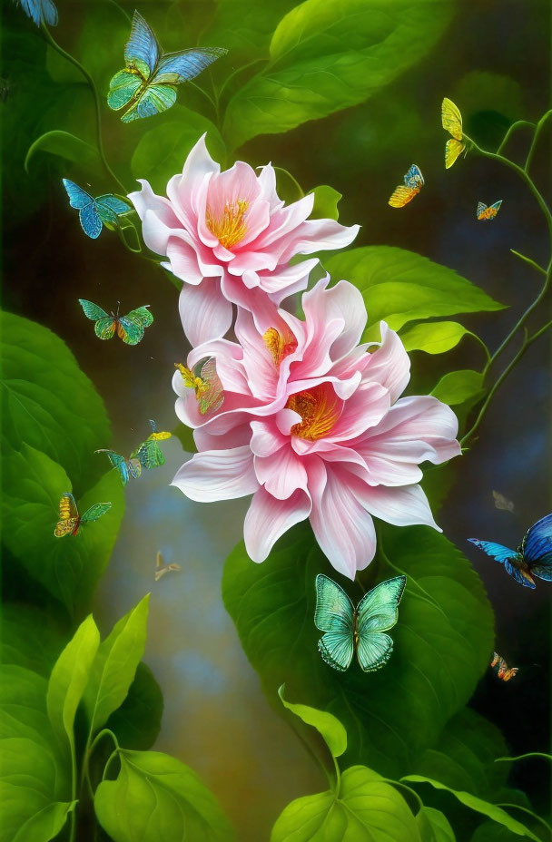 Colorful illustration: Three pink lotus flowers, butterflies, and green leaves on blurred background