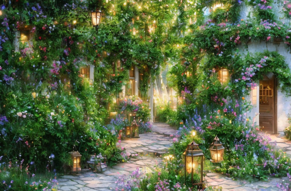 Lush garden pathway with vibrant flowers and antique lanterns