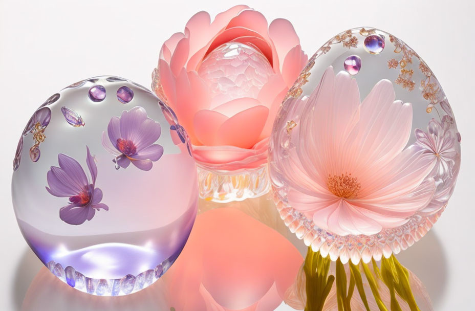 Ornate Glass Paperweights with Flower Designs on Reflective Surface